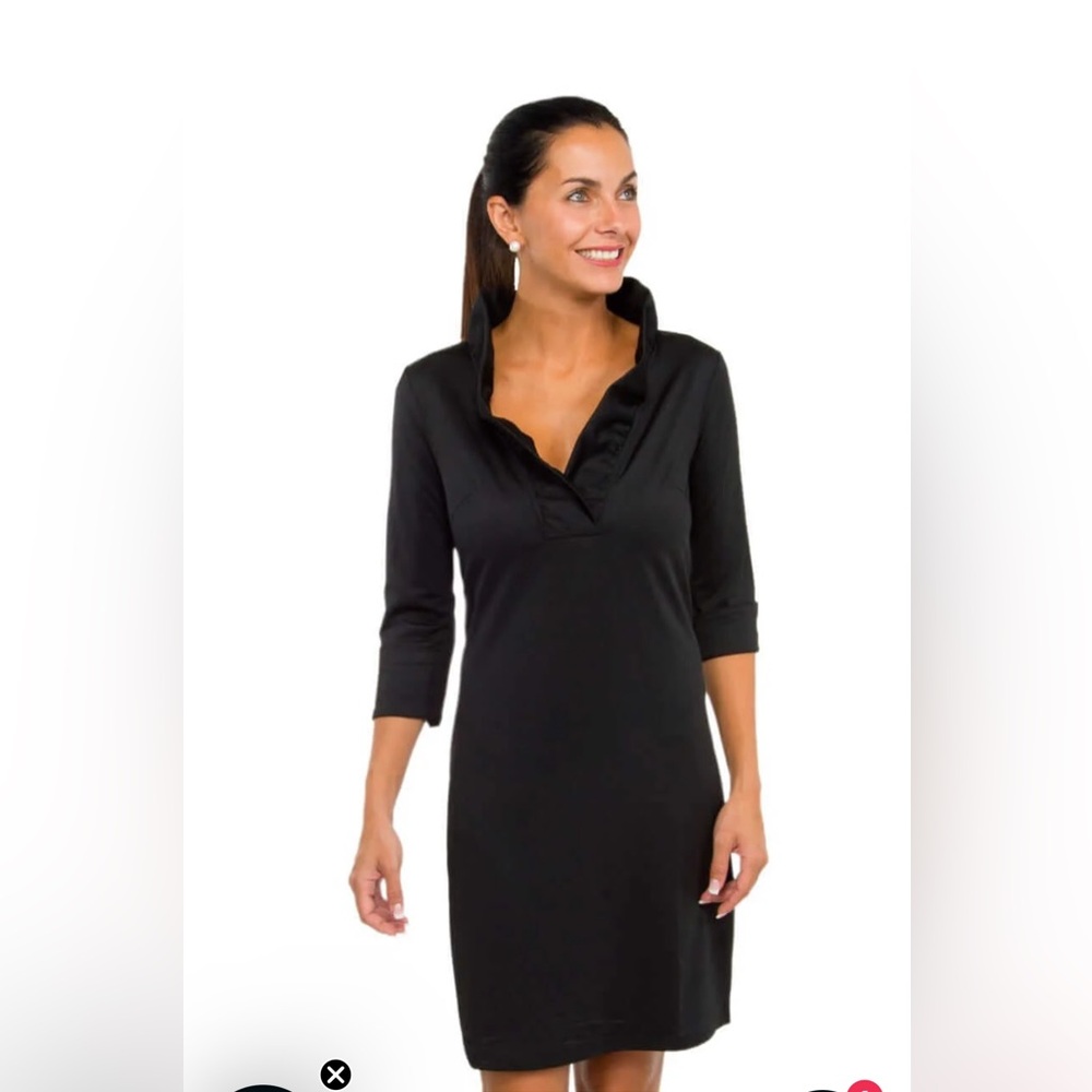 Gretchen Scott Designs Black Midi Dress with Ruffle Neckline